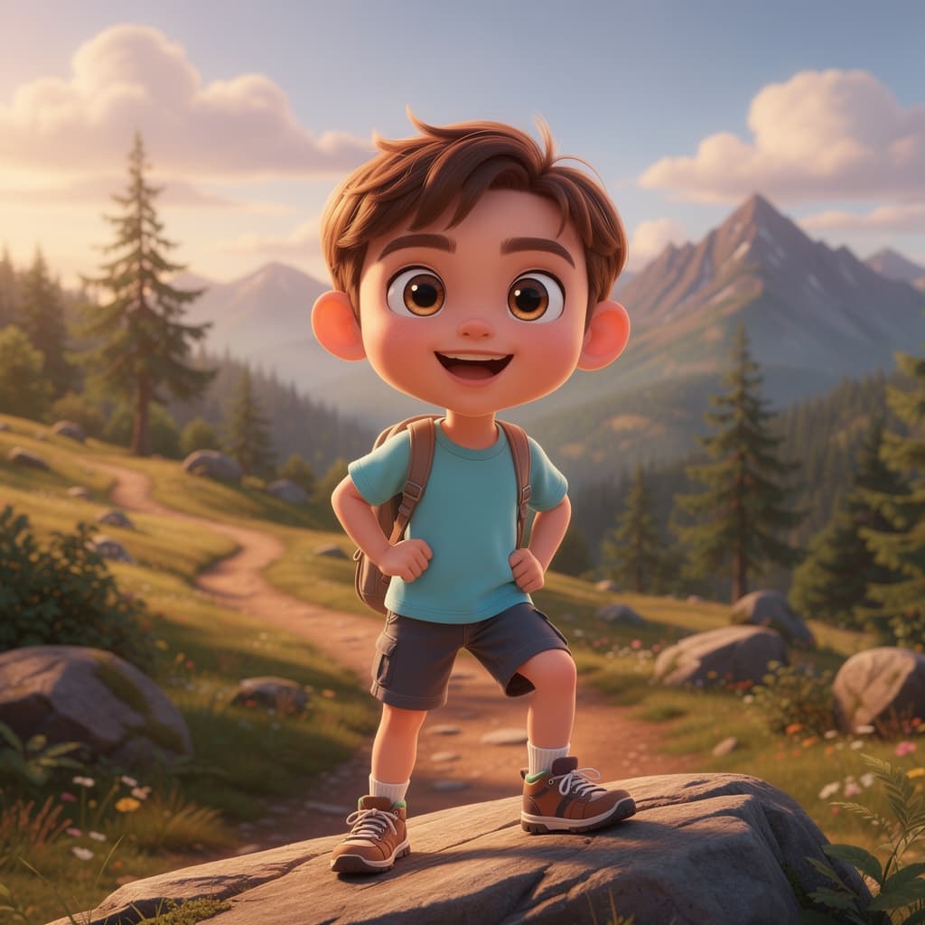 Marcus climbing a granite scramble on a mountain trail, Pixar 3D style