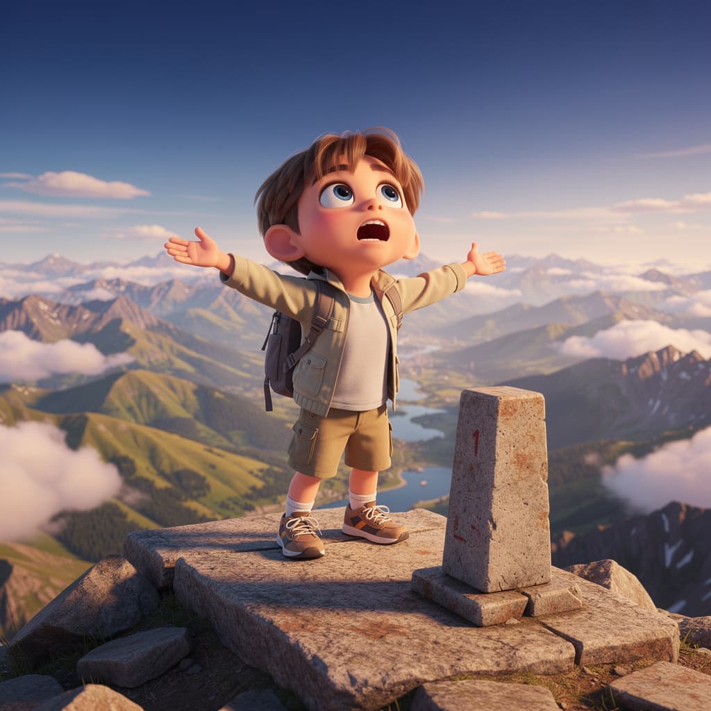 Marcus reaching the mountain summit with arms wide open, Pixar 3D style