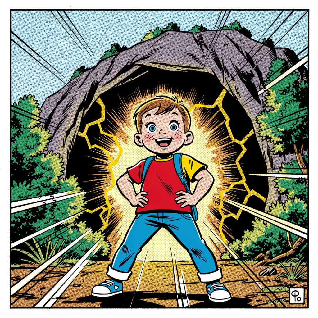 Kai exploring a dark cave with determination, comic book style