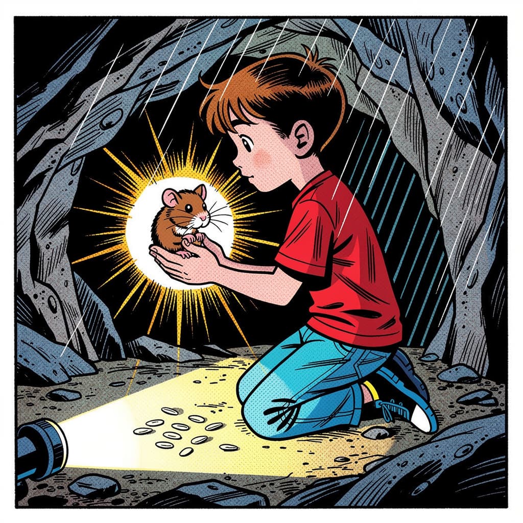 Kai finding his lost hamster Pebbles in a cave by flashlight, comic book style