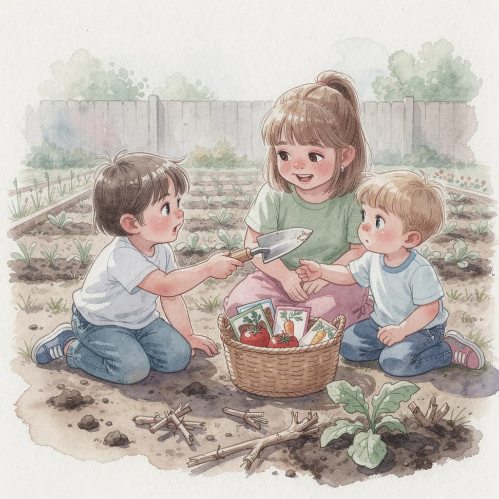 Grandma Rose bringing a basket of seeds to the garden, watercolor illustration